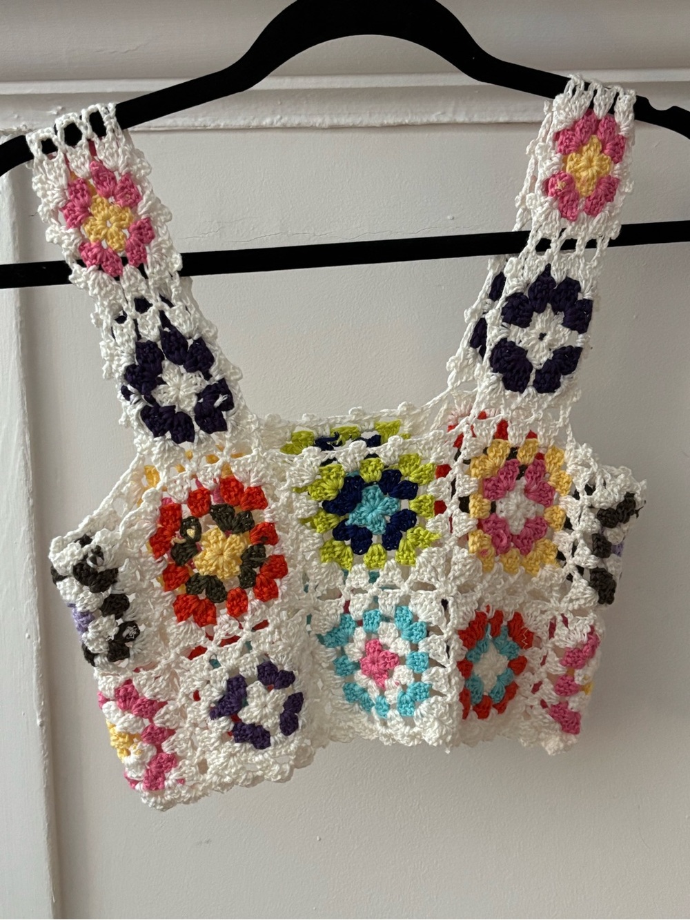 Crochet Granny Square Crop Top - White with Multi Color Flowers